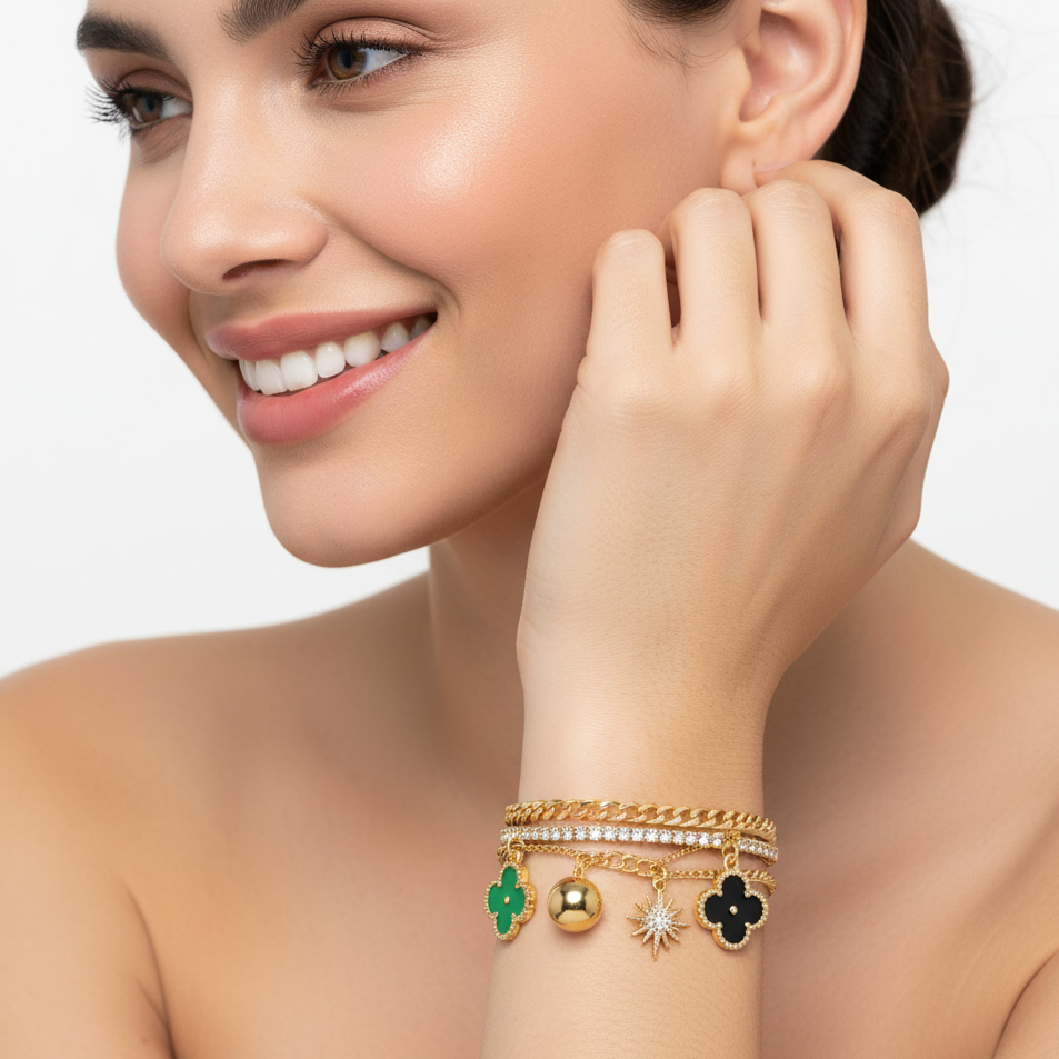 Golden Lucky Charm Bracelet for Women – Premium Clover & Star Pendant Fashion Jewelry