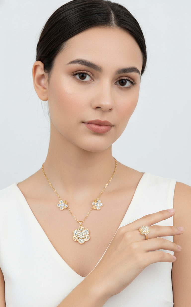 Tri-Flower Jewelry Set for Women – Necklace & Ring Gift Set
