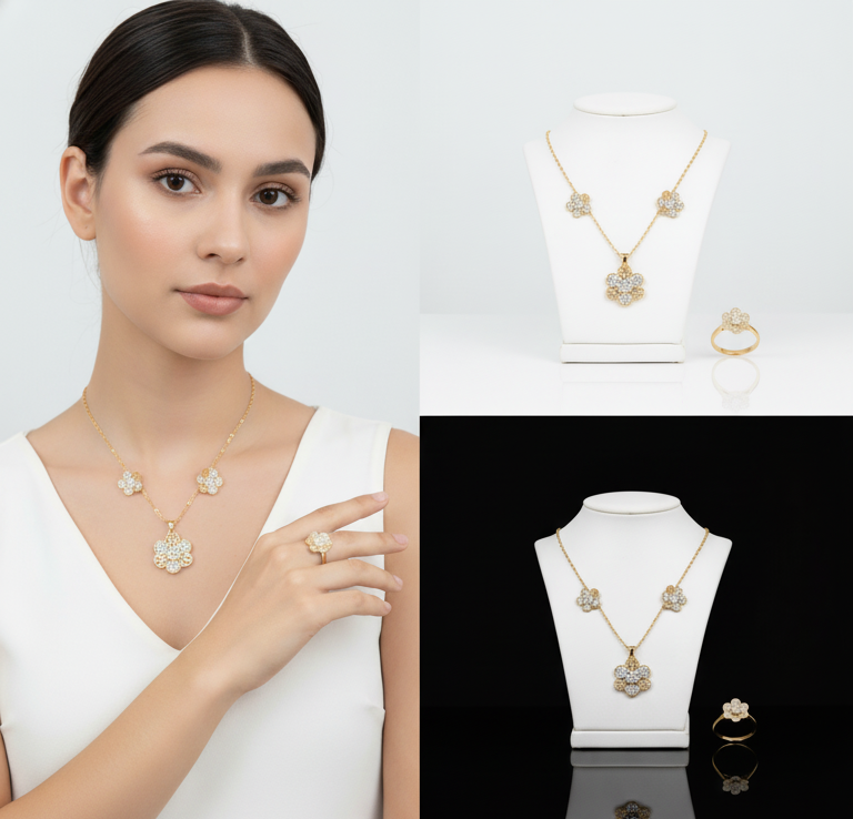 Tri-Flower Jewelry Set for Women – Necklace & Ring Gift Set