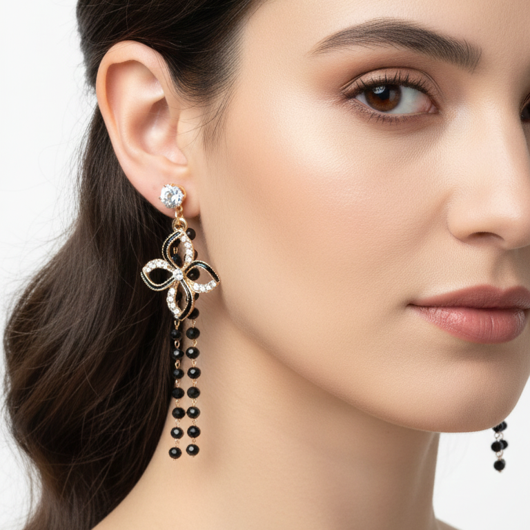 Black & Gold Flower Chandelier Earrings | Long Dangling Beaded Drop Jewelry