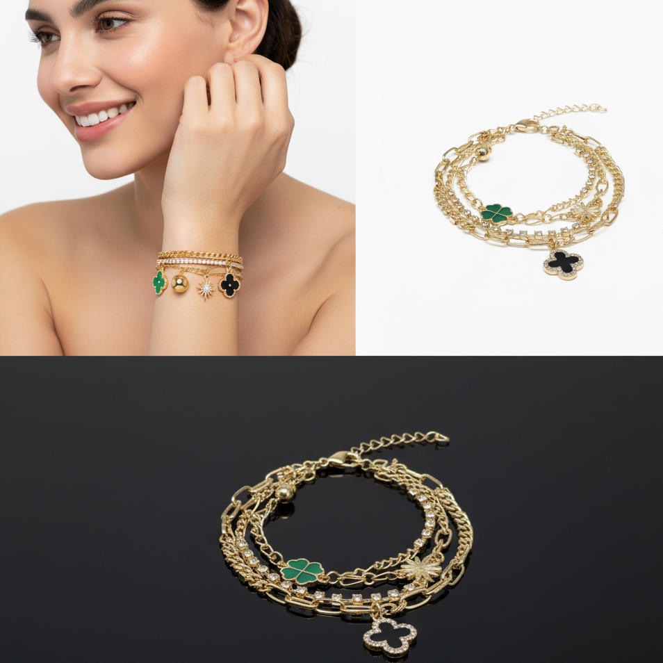 Golden Lucky Charm Bracelet for Women – Premium Clover & Star Pendant Fashion Jewelry