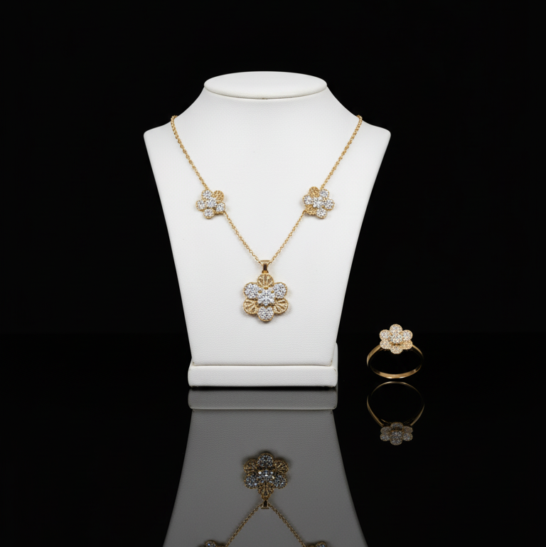 Tri-Flower Jewelry Set for Women – Necklace & Ring Gift Set