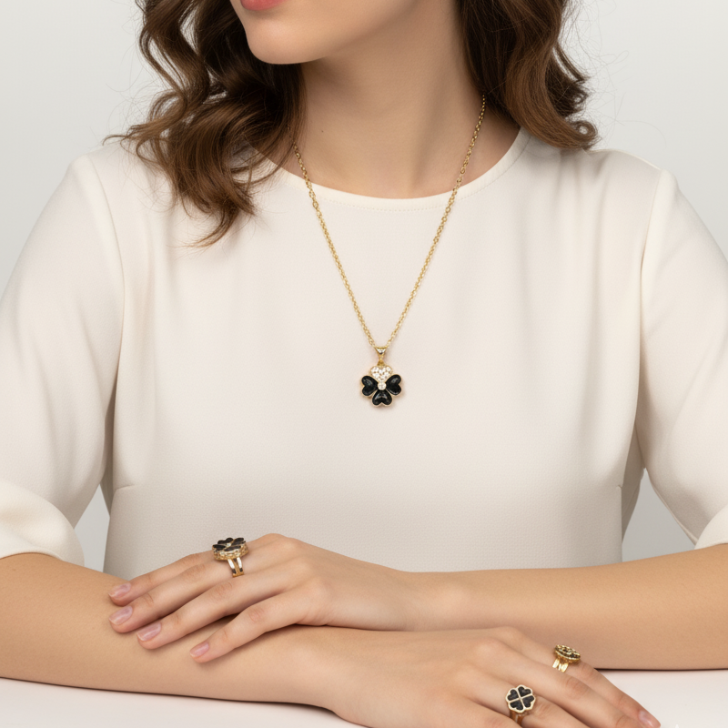 Elegant Black & Gold Jewelry Gift Set – Necklace, Rings & Earrings for Women