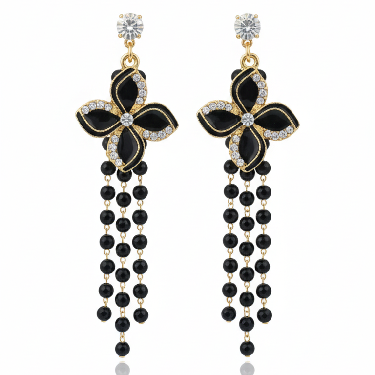 Black & Gold Flower Chandelier Earrings | Long Dangling Beaded Drop Jewelry