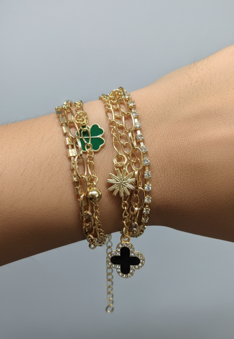 Golden Lucky Charm Bracelet for Women – Premium Clover & Star Pendant Fashion Jewelry