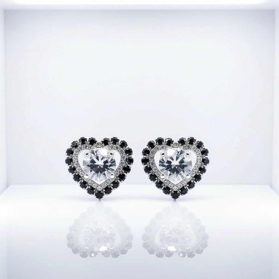 Black Heart Earrings with Crystals and Black Gem Center