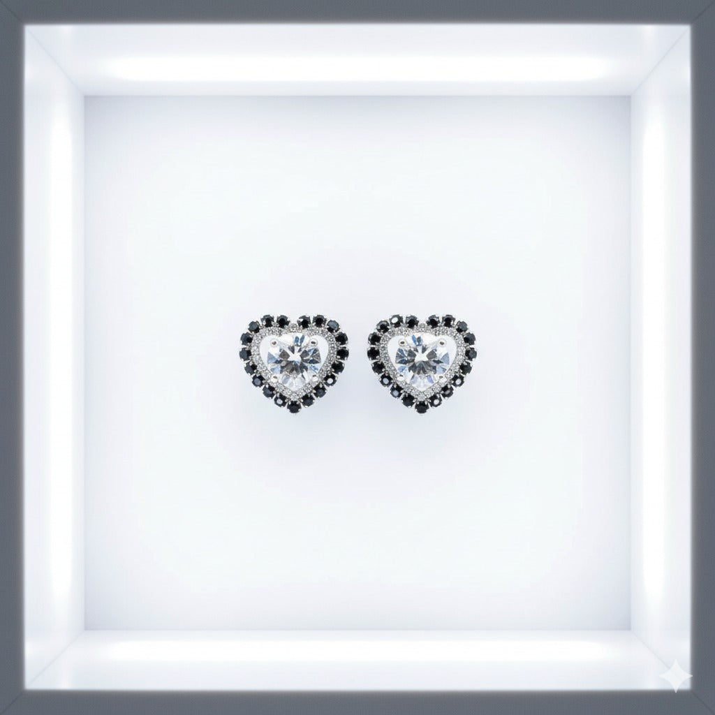 Black Heart Earrings with Crystals and Black Gem Center
